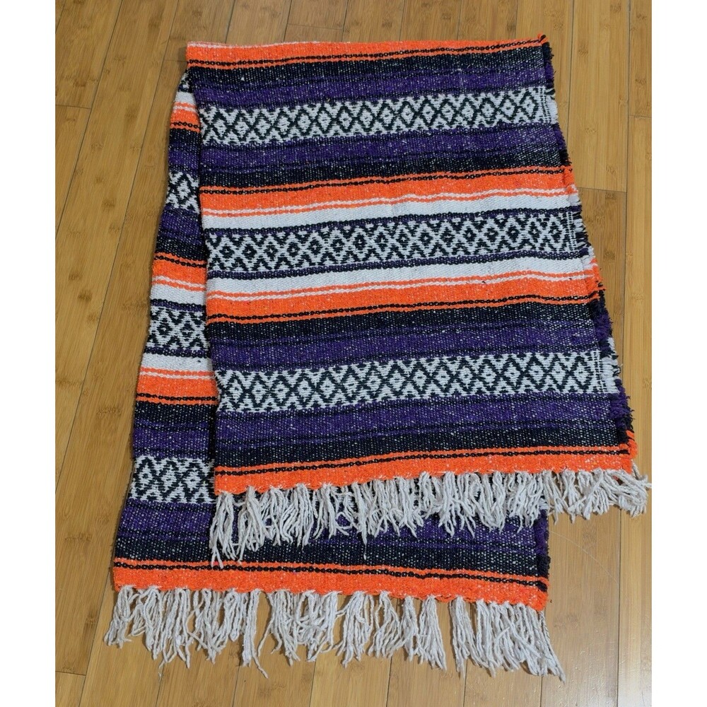 Traditional Mexican Falsa Blanket Bright Orange Purple 70 X 46 Baja Beach Throw